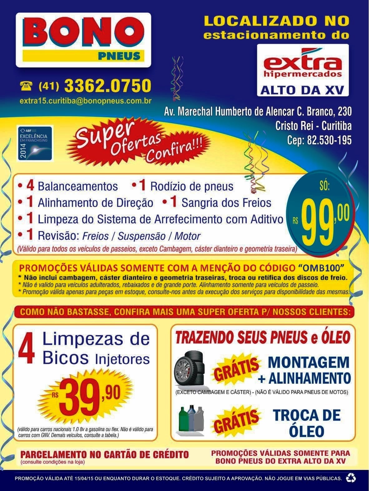 AUTO CENTER NO CRISTO REI EM CURITIBA - Escapamentos no Cristo Rei em Curitiba, no estacionamento do EXTRA Hipermercado Alto da XV no Cristo Rei, voc encontra a Bono Pneus, que lhe oferece servios de primeira qualidade no setor de Auto Center no Cristo Rei em Curitiba, como: escapamento, alinhamento, alinhamento de direo, geometria, balanceamento, cambagem, diagnstico computadorizado, embreagem, limpeza do sistema de arrefecimento com aditivo, limpeza de bicos injetores, do corpo da TBI, higienizao de ar condicionado e manuteno do filtro da cabine, mo de obra de injeo eletrnica, rodzio de pneus, reviso dos freios, reviso da suspenso e do motor, sangria, troca de pastilhas, enfim todos os servios do melhor Centro Automotivo. Os treinamentos que so ofertados aos nossos profissionais os habilitam a lhe proporcionar o melhor servio, assim  segurana que o seu veculo precisa fica assegurada. Voc e seu automvel com certeza iro confirmar, que a Bono Pneus  o melhor Auto Center no Cristo Rei em Curitiba, onde voc faz a troca ou manuteno de escapamentos no Cristo rei em Curitiba.